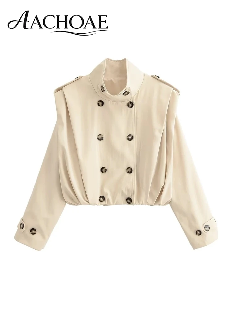 AACHOAE Women Double Breasted Cropped Jacket Stand Collar Long Sleeve Button Short Trench Coat Minimalist Casual Outerwear