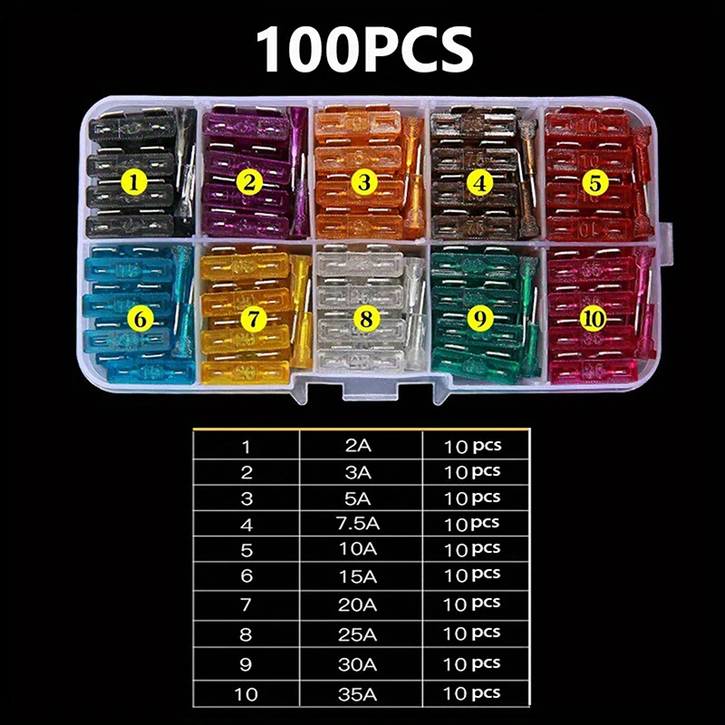 

50/100pcs Car Fuse Assortment Set Profile Middle Size Blade Type Fuse Auto Car Truck 2-35A Fuse With Box Clip