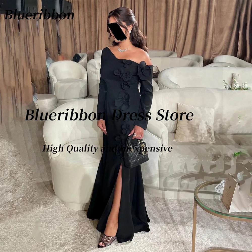 Blueribbon Black Side Slit Prom Dresses with Flowers Customized Vestidos Des Noches Long Sleeves Evening Party Saudi Women Wear