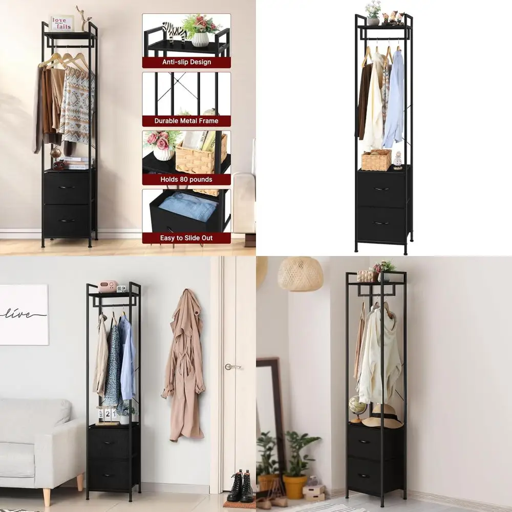 

Прочная 3-ярусная вешалка для одежды с тканевыми ящиками и полками для спальни, прихожей или гостиной - черная