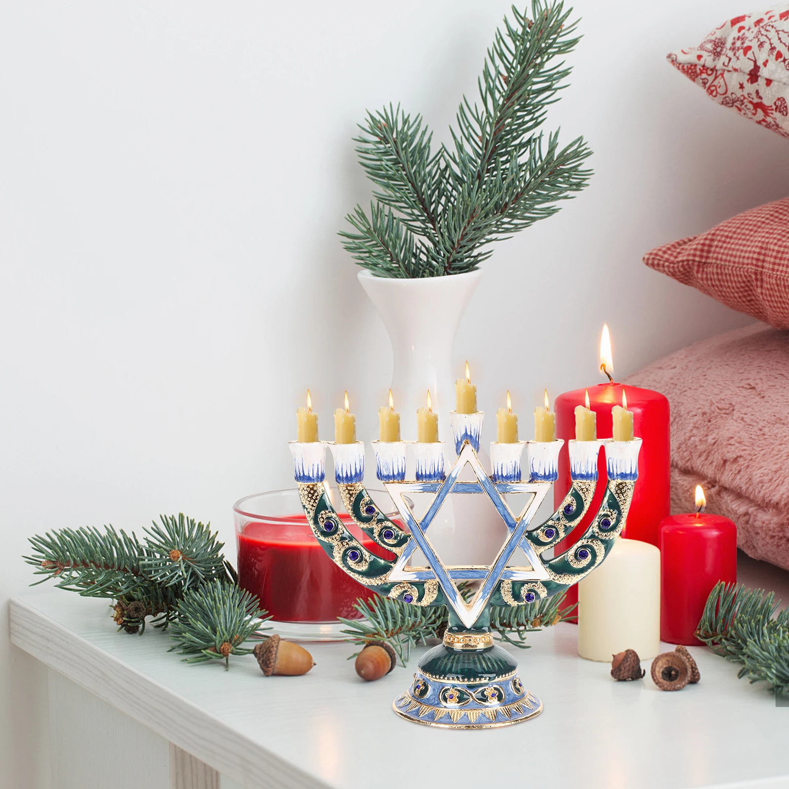 

Retro 9 Branches Jewish Candlestick Holder Alloy Decoration for Parties Dinners Hotels Holder Candlestick Holders