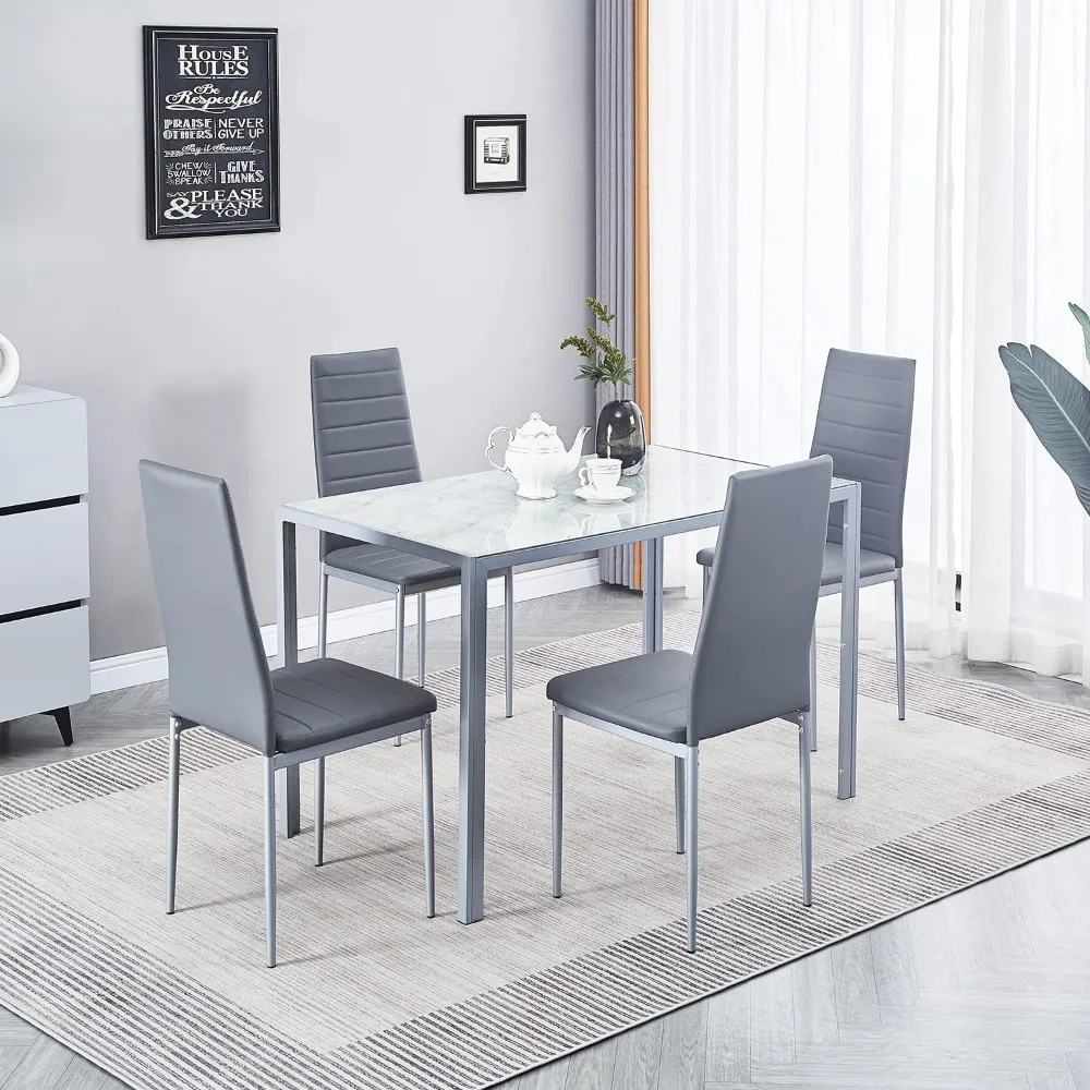 Dining Table Set for 4, 5 Piece Kitchen Table and Chairs for Dinette, Apartment, Compact Space-Saving w/Tempered Glass