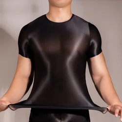 Men Oil Shiny  T-Shirt Glossy Smooth Tee Man Sexy Tight See Through Short Sleeve Tops O Neck Shirts Gay Male Gym Yoga Sport Wear