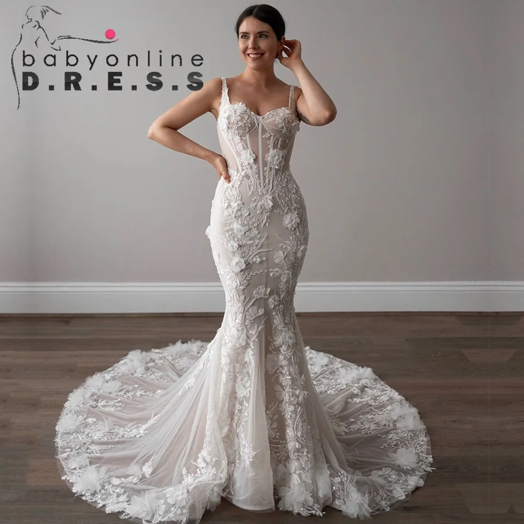 

BABYONLINE Fairy Spaghetti Strap Wedding Dress Lace Embroidered Bidce Floral Embroidered Merimaid Sheath Gown with a Sheer Gowns