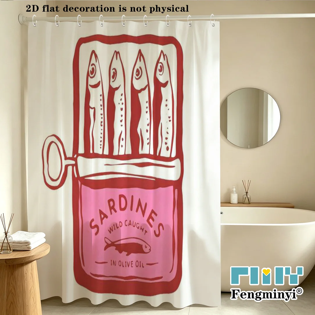 Retro Sardine Tin Shower Curtain, Simple Line Art Fish Can Vintage Poster Print, Machine Washable Bathroom Shower Curtain