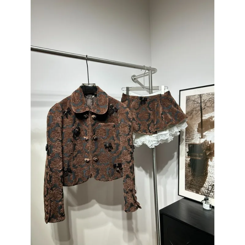 

Women's Spring Brown Long Sleeve Bow Lapel Jacket Tops and Skirt Set 2025 Sexy Attractive High Quality New Fashion