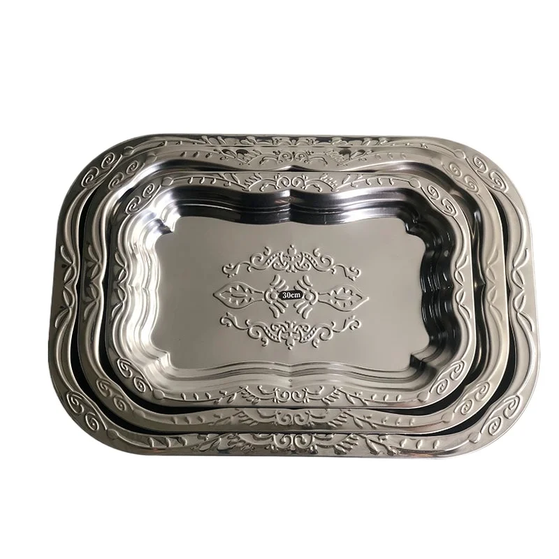 Hot Stainless Steel Rectangular Tray with Embossed Design for Kitchen Living Room Storage Durable Fruit Snack Cake Serving Dish