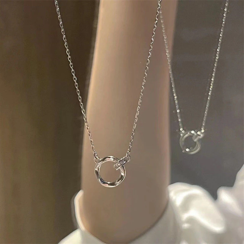 Vintage Simple Double Circle Choker Necklace Pendant Zirconia Clavicle Chain For Women Fashion Light Luxury Jewelry Party Gift