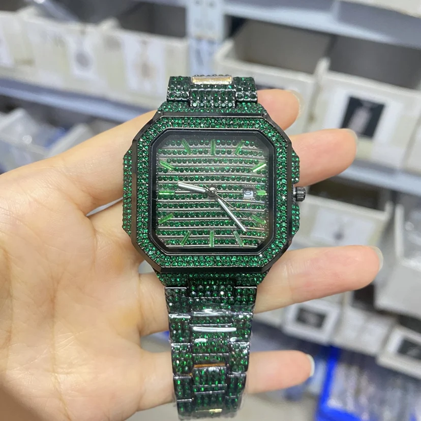 THE BLING KING Men's Bling Full Crystal Square Wrist Watch Hip Hop Iced Out Quartz Watch With Date Window Luxury Watch For Gift