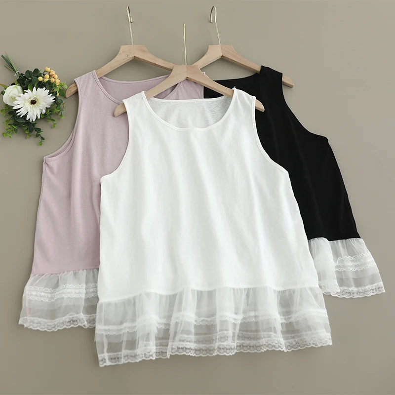 

Summer New Japanese Sweet Mori Girl Lace Patchwork Tank Tops Women O-Neck Sleeveless Casual Loose Camis Tops