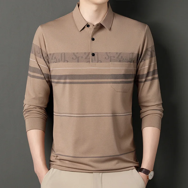

Men's 2023 New Autumn Pure Cotton Long Sleeve Polo Shirt Solid Color Business Printing Casual Turn-down Collar Bottom Tops