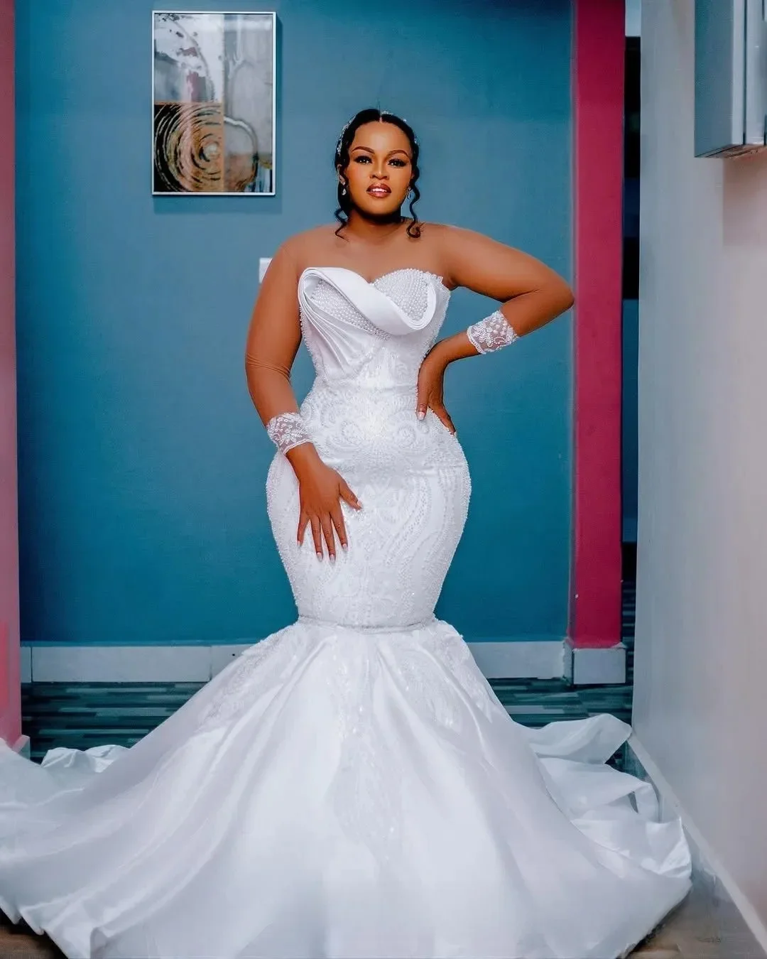 

Customized Plus Size Wedding Dresses Bridal Gowns Mermaid Illusion Sheer Long Sleeves Beaded Lace Tiered Tulle Pearls