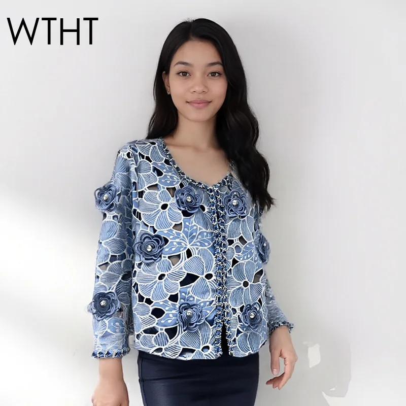 WTHT العصرية المرأة تقسم ثلاثية الأبعاد زهرة التطريز الدنيم سترة 2026 ربيع الموضة الجديدة س الرقبة طويلة الأكمام معطف الإناث 1LS2798