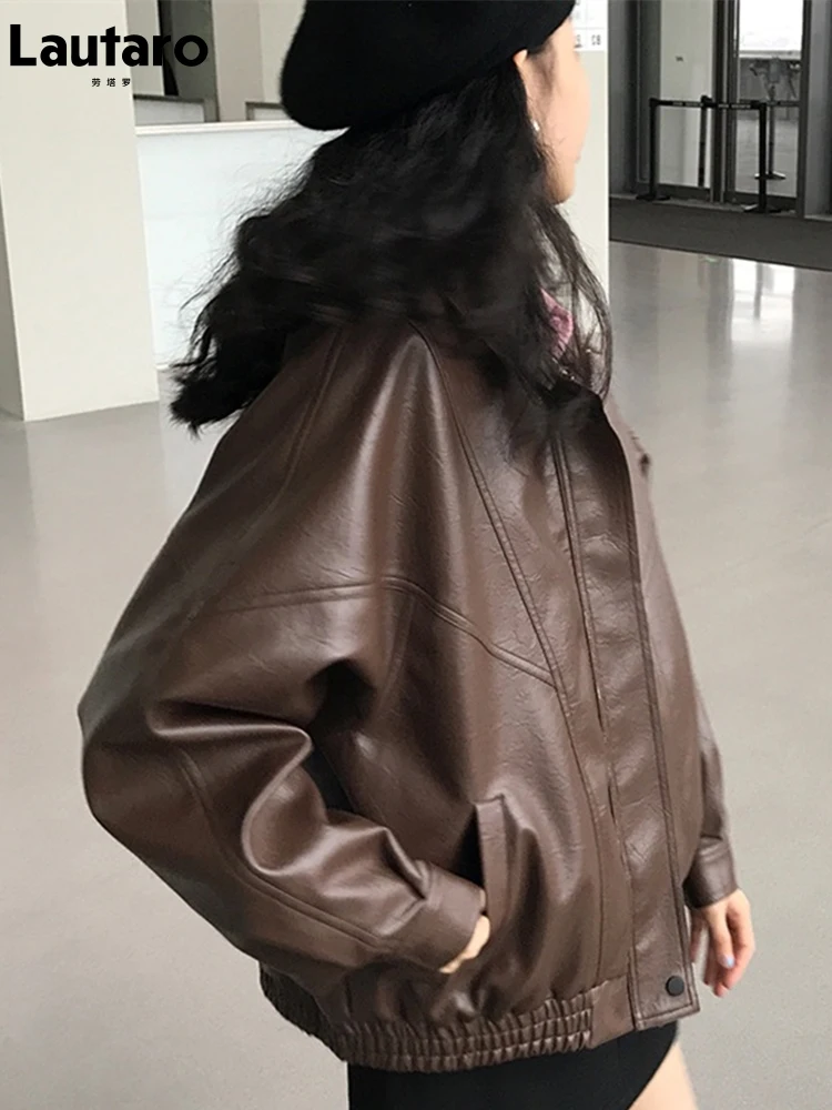 Lautaro Spring Autumn Oversized Retro Black Brown Leather Jacket Women Zipper Long Sleeve Loose Casual Cool Korean Clothes 2022