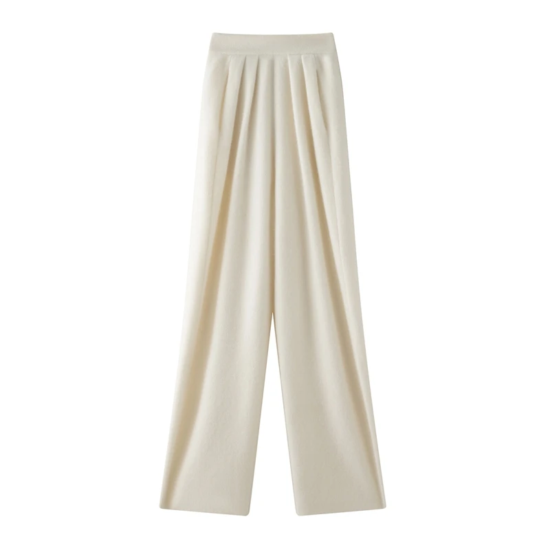 100% Kasjmier Casual verfrommeld broek elastische taille Wijde pijpen broek een gevoel voor gedrapeerd Herfst Winter Dikke kasjmier gebreide broek