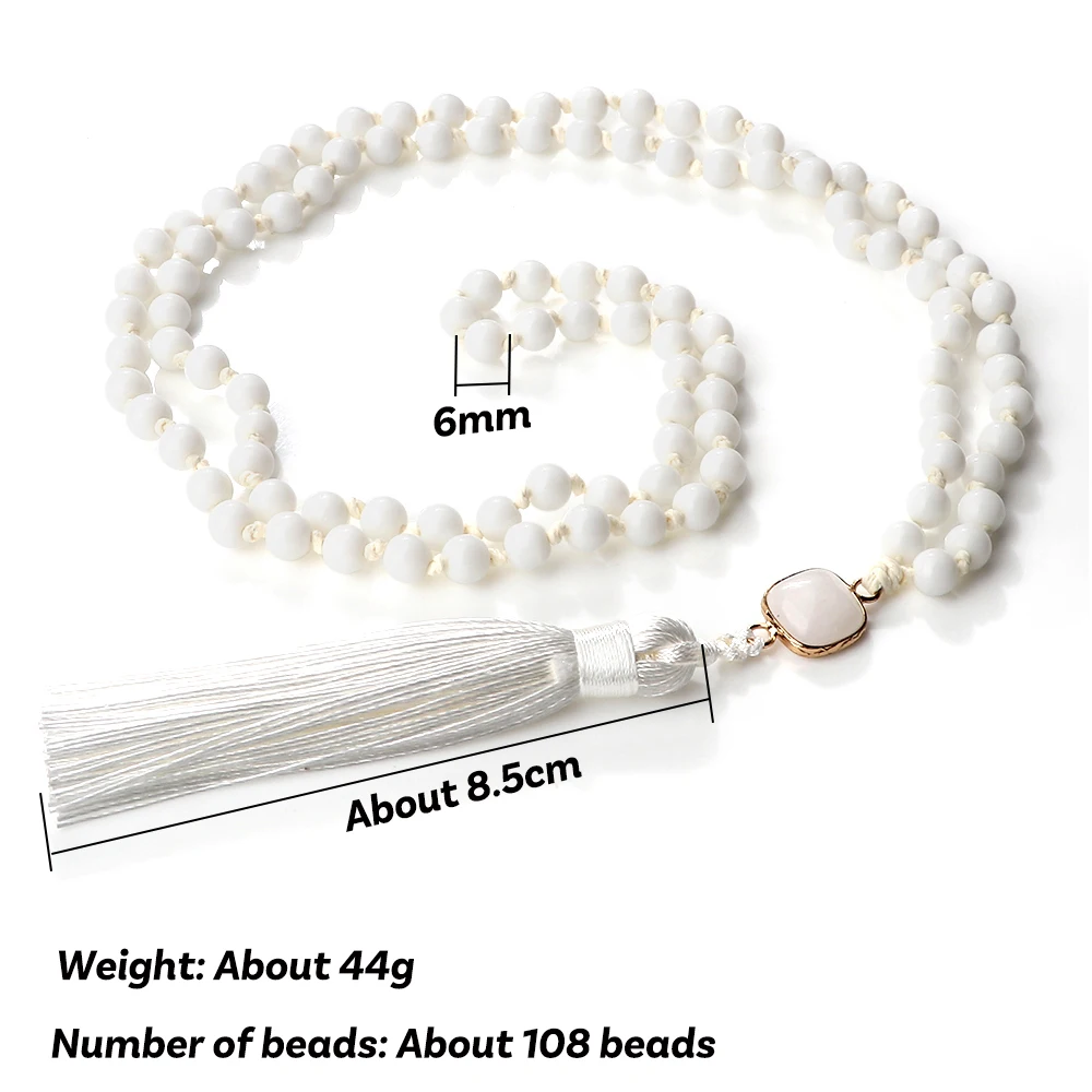 6MM 108 Mala Beads Bright White Necklace Wax Rope Handmade Knotted Inelastic Tassel Women Yoga Pendant Bangle Men Prayer Jewelry