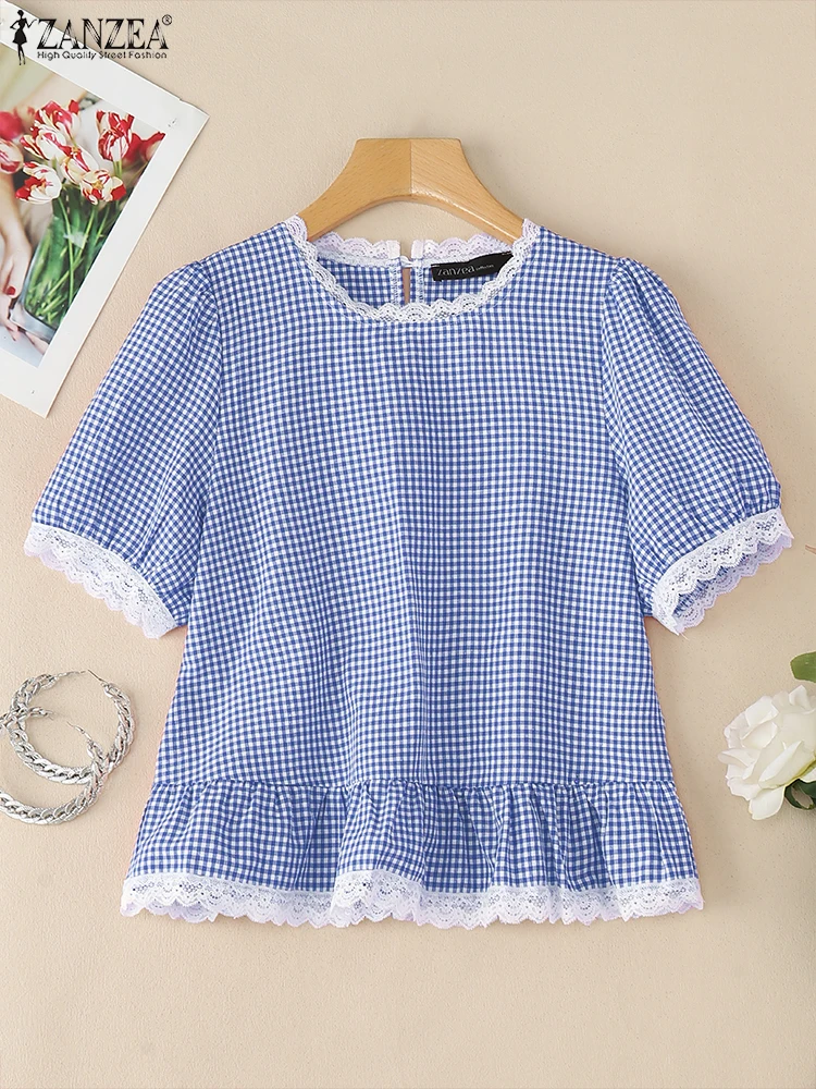 

2025 ZANZEA Elegant Summer Short Sleeve Checked Blouse Women Tops Fashion Lace Trim Holiday Shirt Female Work OL Blusas Oversize