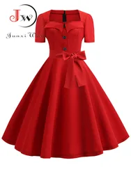 Women Summer Dress Elegant Retro Vintage 50s 60s Robe Rockabilly Swing Pinup Dresses Casual Red Party Vestidos