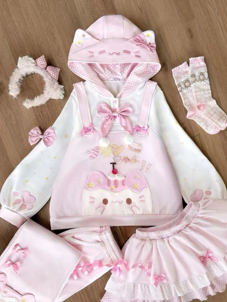 Japanese Kawaii Long Sleeve Hoodie Kawaii Cartoon Print Cat Ears Patchwork Women Casual Y2k Sweet Sweatshirt Autumn Winter