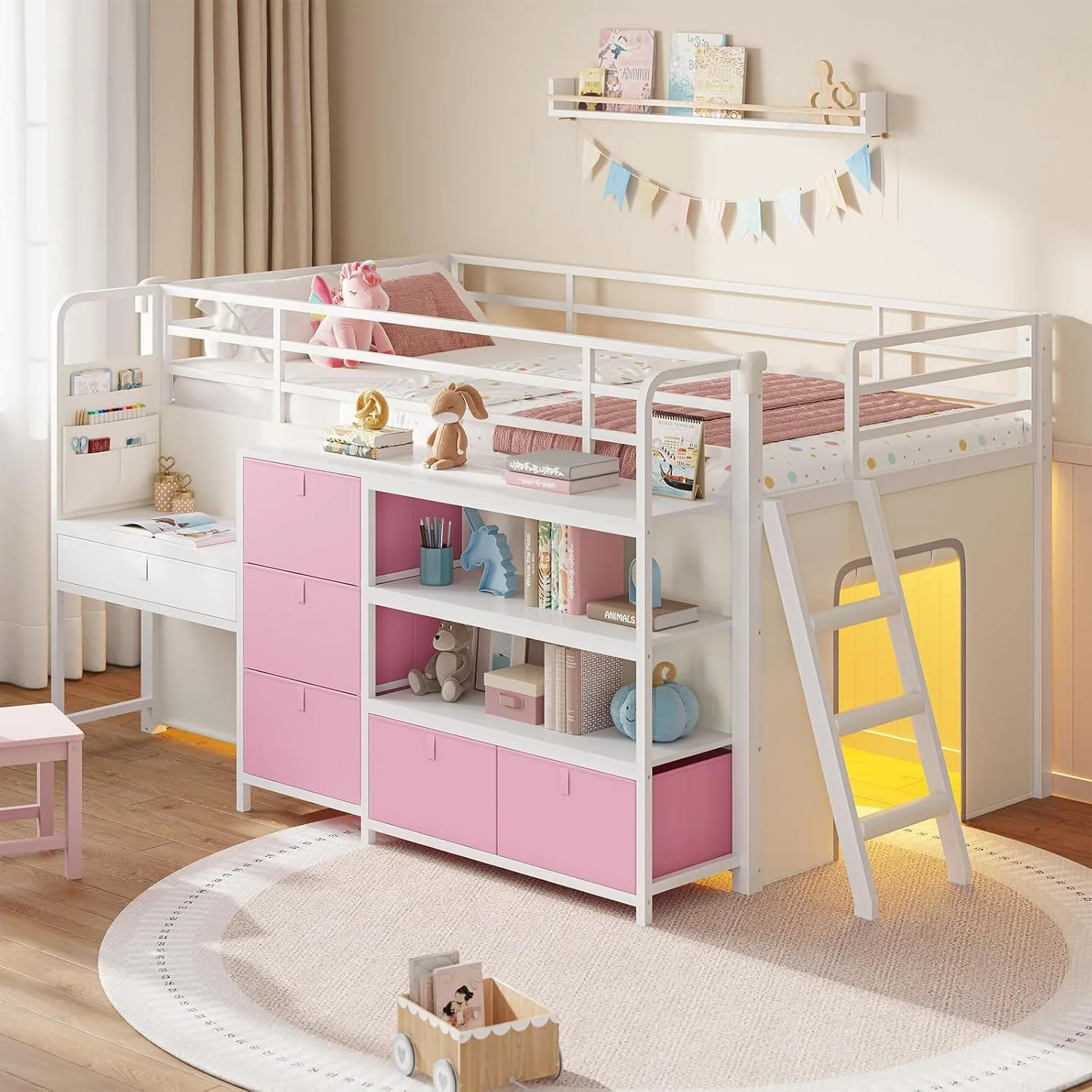 Low Loft Bed with Desk and 6 Storage Drawers Twin Loft Bed with Bookshelf,LED Lights & Under-Bed Play Space, Customized