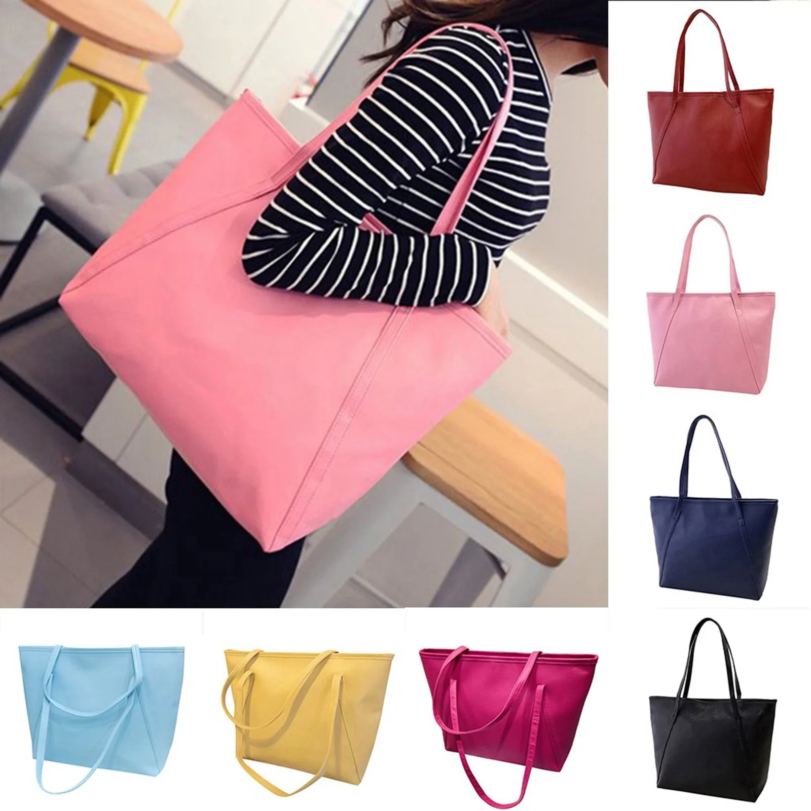 Simple Solid Color Tote Bag Purse Small Handbag Women\'s Large Capacity Shoulder Bags Female Casual Travel Beach Shopping Bag