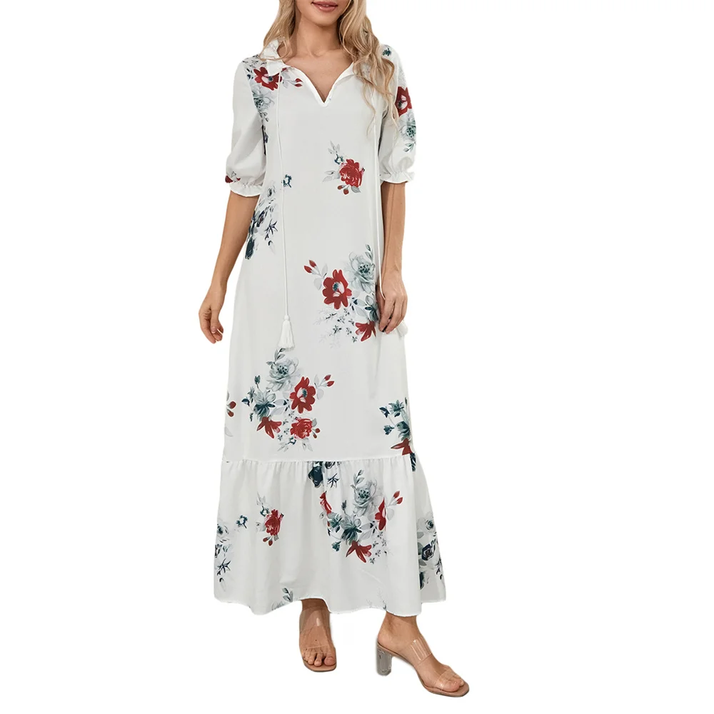 

Elegant Women Long Dress Flower Graphic Print Beach Dress Holiday Female Short Sleeve V Neck A-Line Dress Hot Summer Clothing