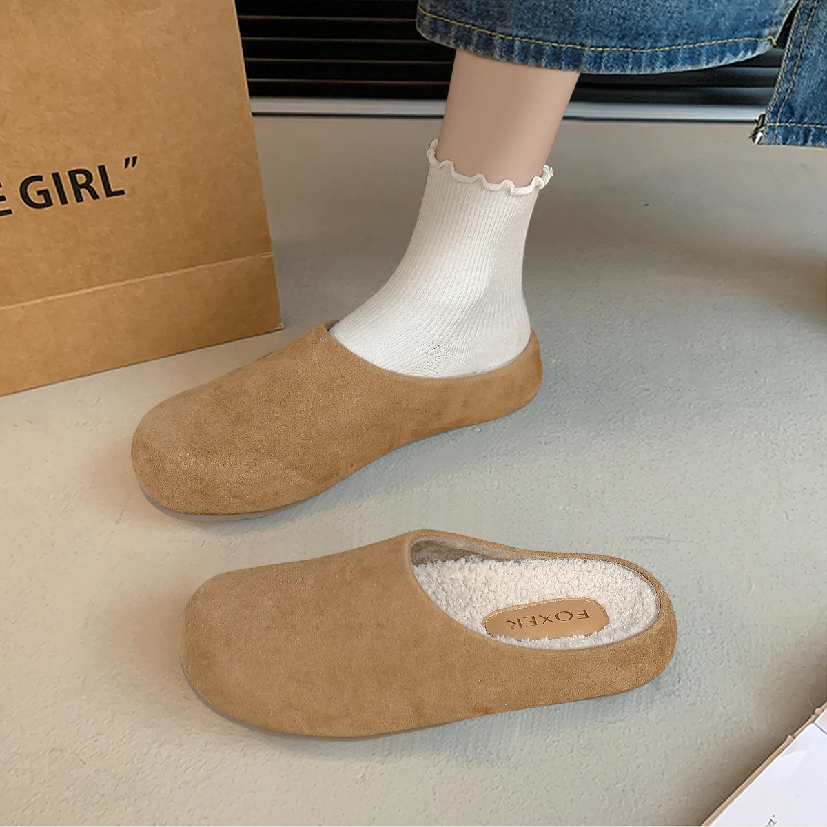 FOXER 2026 Autumn Winter New Women's Home Shoes Fashion Round Toe Slipper Ladie Warm Shoes Soft Flat Heel Casual Shoes