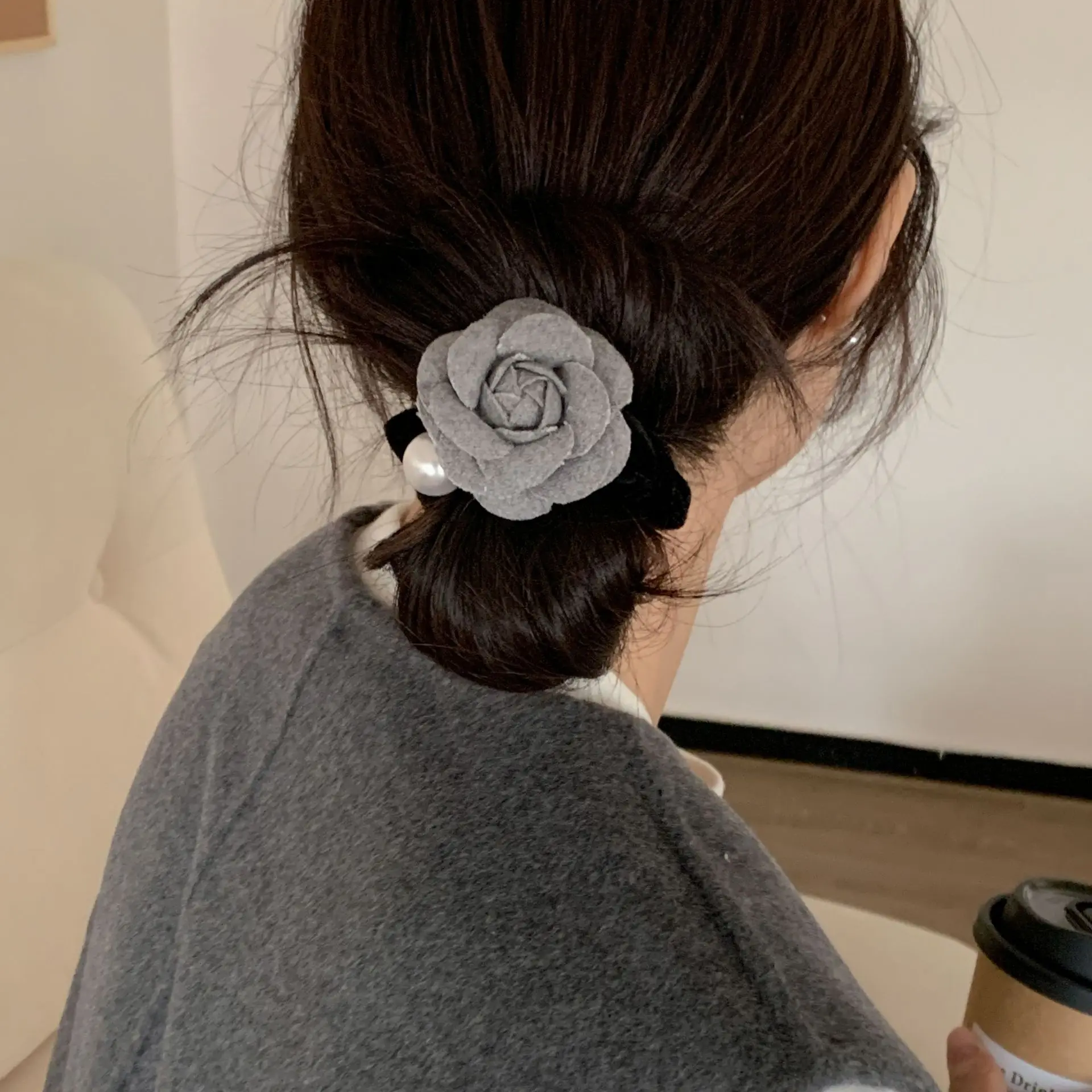 

Premium Gray Velvet Camellia Hair Claw Clip Large Shark Style for Women Back Head Updo Daily Elegant Cozy Fall Winter