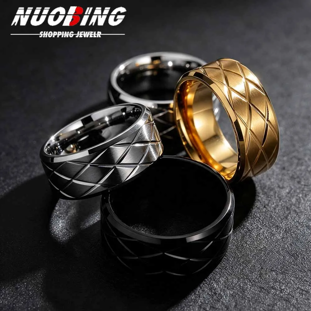 9MM Fashion Men’s Silver Color Black Stainless Steel Ring Groove Multi-Faceted Ring for Men Women Engagement Anniversary Gifts