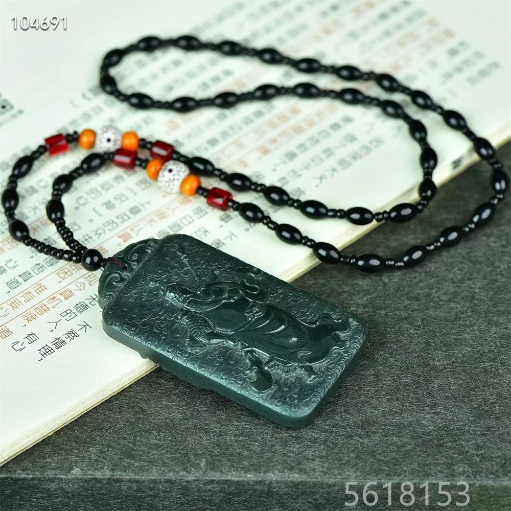 Double sided Hetian Green Jade Guan Gong Safe and Successful Square Pendant and Necklace