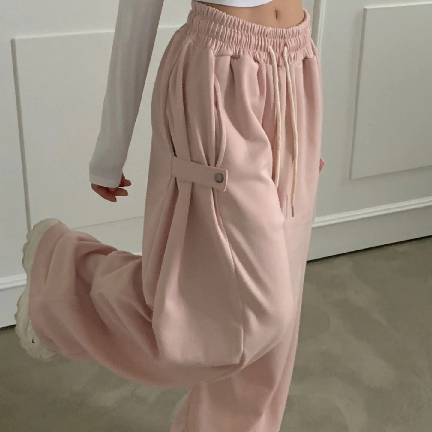 Casual Commute Wide Leg Pants Elastic Waist Diagonal Buckle Design Polyester Fiber Long Pants Women's Fashion Chic Style