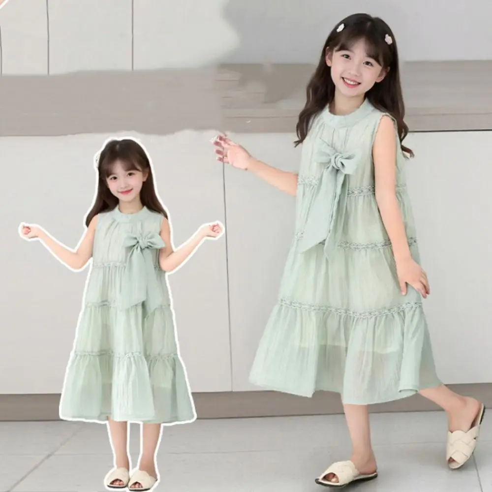 

Elegant Ruffle Girls Princess Dress Loose Large Bow Summer Cake Dress Sweet Children Teens Long Dress Party