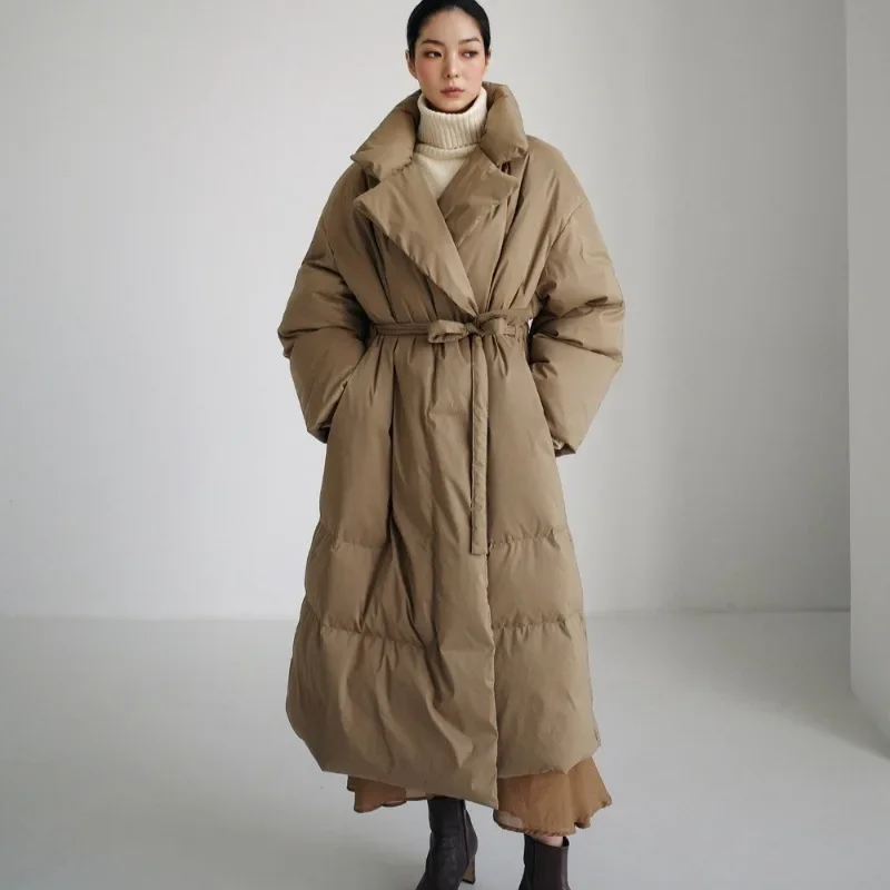 

Winter Stand Collar Long Styles Down Jacket Loose Slimming with Belt Long Sleeve Coat Fashion Solid Thickening Warm Women Parkas