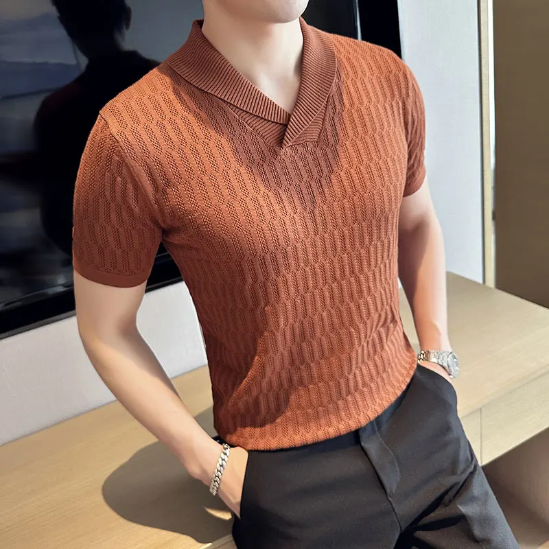 

Thin Fashion Green Collar Slim Polo Shirt Hollow Knitted Lapel Short Sleeve T-shirt Yellow Brown Golf