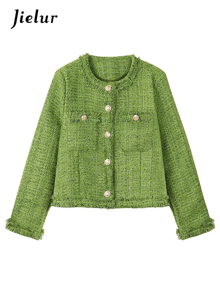 Jielur Elegant Lady Burrs Green Jacket O-Neck Tweed Coats Female Autumn Winter New Casual Long Sleeve Women Jackets Fashion