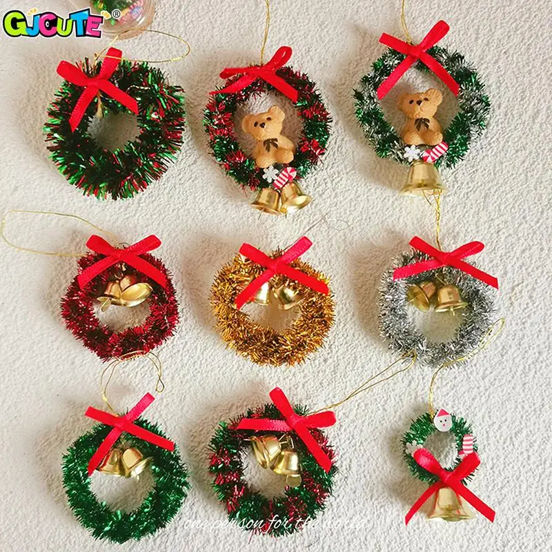 Christmas Wreath Mini House Hanging Ring Dollhouse Simulated Garland Cloth Toy Bow Miniature Small Bell Dollhouse Accessories