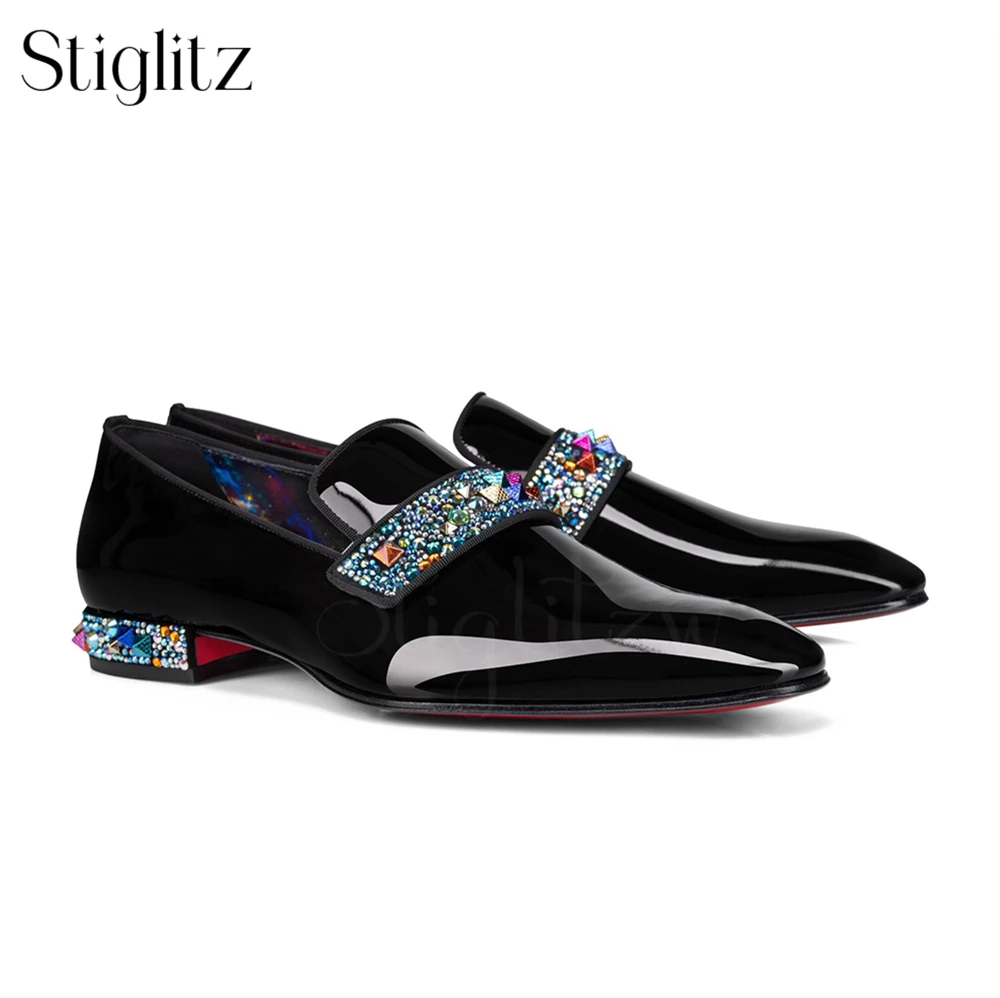 

Luxurious Rhinestone Gemstone Loafers Crystal Band Patent Leather Loafers Classic Almond Toe Fashion Loafers Banquet Dress Shoes