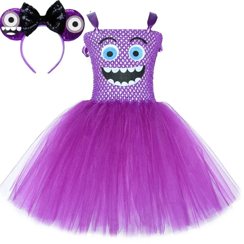 

Purple cartoon monster fluffy dress for little girls,sleeveless mesh princess dress,kids stage performance costume for Halloween