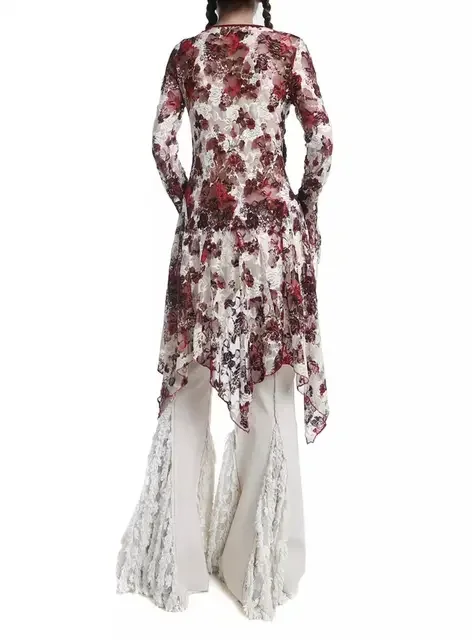 

Roupas Femininas Blouses Retro Gothic Flower Split Swallowtail Mid-length Tie-strap Cardigan Sunscreen Lace Shirt Women