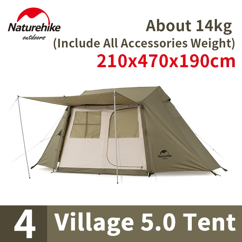 

Naturehike VILLAGE5.0 3-4 People Camping House Family Tent One-Piece Bracket Quickly Build 210D Oxford Cloth Rainproof Windproof