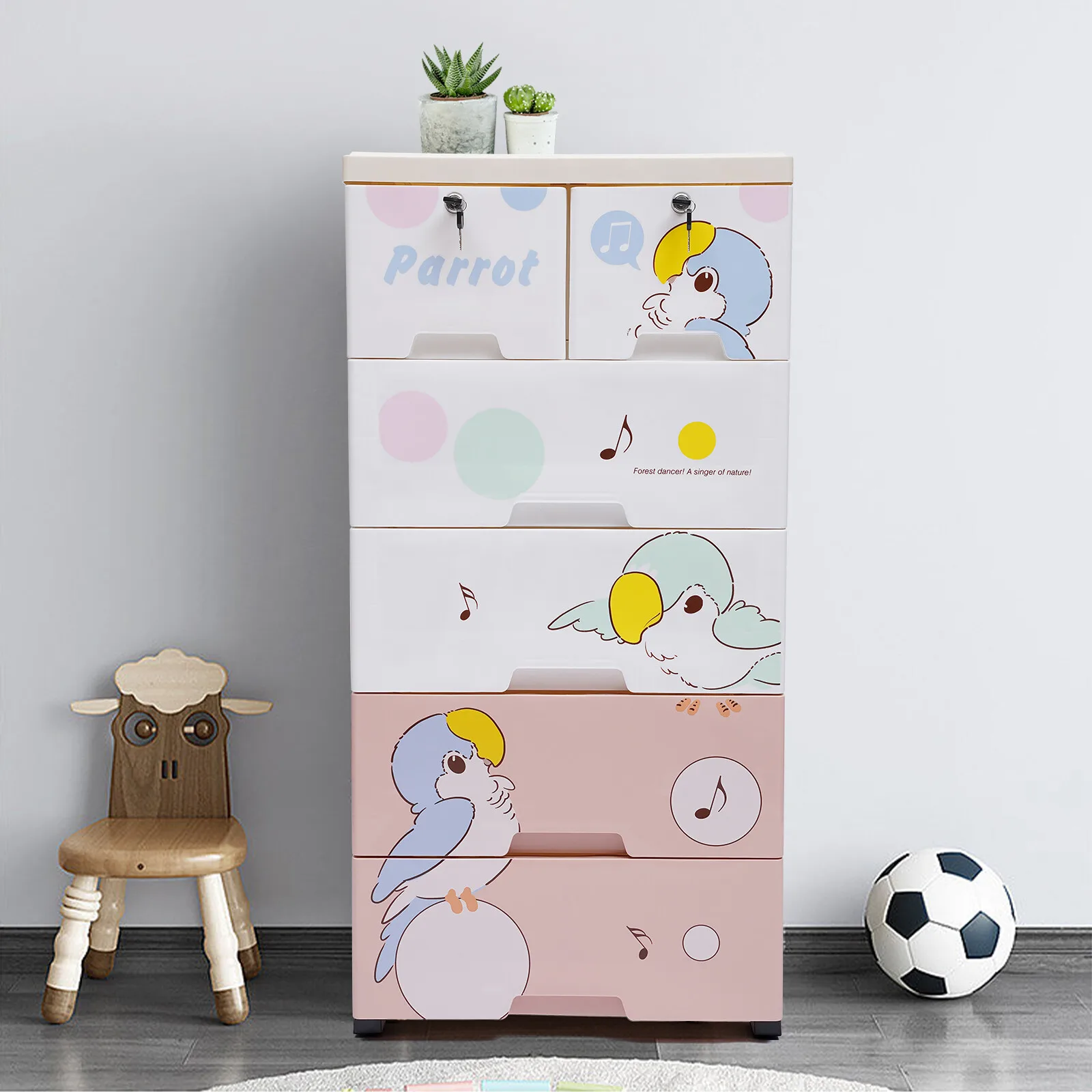 

Kids Plastic Dresser – 6 Drawers, Parrot Pattern. 66Lbs Load, Lockable Drawers. For Nursery/Kids Room, Easy To Move & Clean