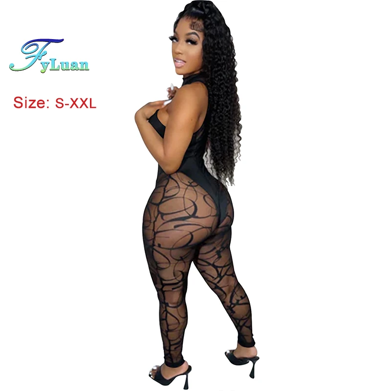 Summer Sexy Black Mesh Perspective Vestidos Jumpsuit Women's Sleeveless Slim Fit Bodycon Jumpsuits Ladies Cocktail Prom Overalls