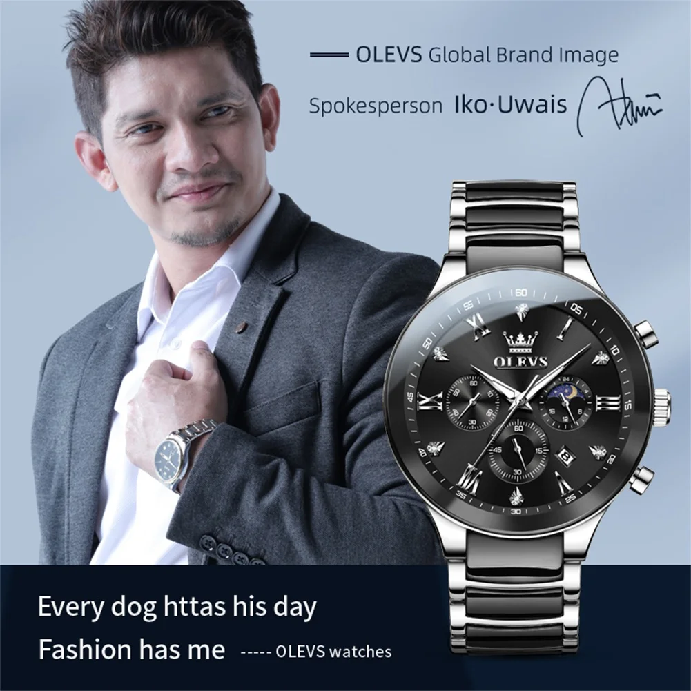 OLEVS Men\'s Watches Classic Fashion Design Original Wristwatch for Man Chronograph Ceramic Strap Waterproof Luminous Moon Phase