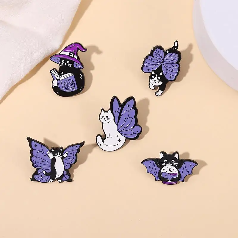 Purple Butterfly Cats Enamel Pins Custom Witchcat Brooches Insect Lapel Badges Animal Jewelry Gift for Kids Friends