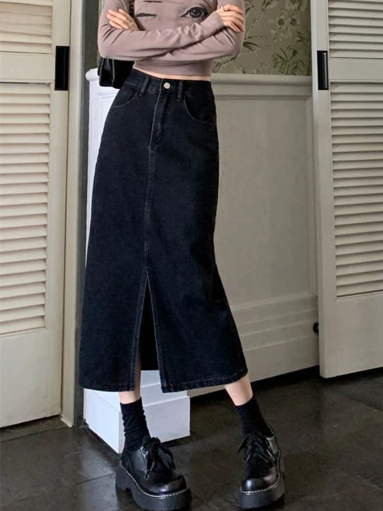 Midi Black Denim Skirts Women Sexy Front-slit Retro Skirt Hotsweet Korean Female Spring Trendy High Waist Elegant StreetWear