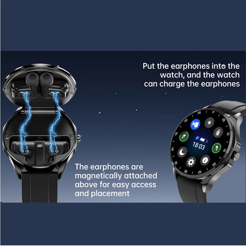 2024 TWS 2-in-1 Bluetooth Earphones Smart Watch Health Monitoring Bluetooth Call AMOLED 1.43 inch 466 * 466 Full Screen Touch