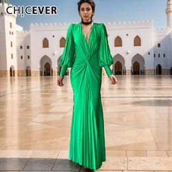 CHICEVER Solid Patchwork Folds Elegant Dresses For Women Deep Neck Lantern Sleeve High Waist Temperament Evening Gown Female New