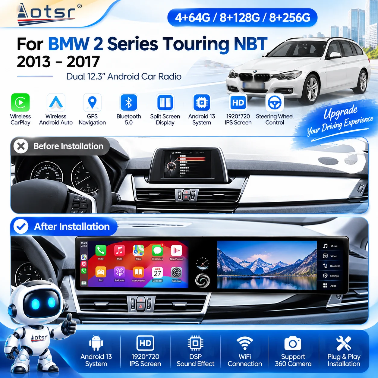 Dual 12.3'' HD Car Multimedia Player Android 13 for BMW 2 Series Touring NBT 2013-2017 with GPS Navigation And CarPlay