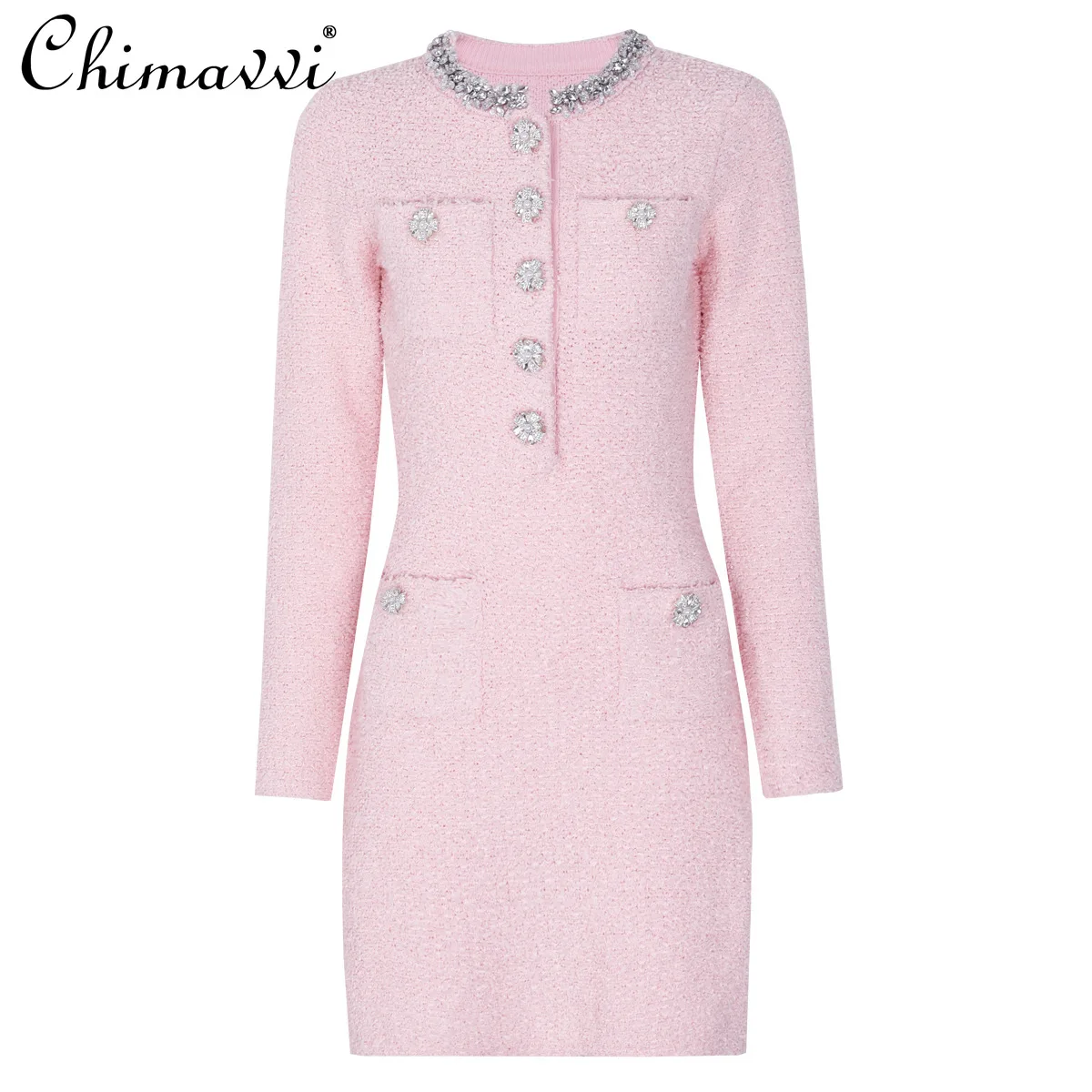 

Spring and Autumn New Fashion Long Sleeve Knitted Slim Short Dress Heavy Beaded Round Neck Elegant Women's Party Dresses