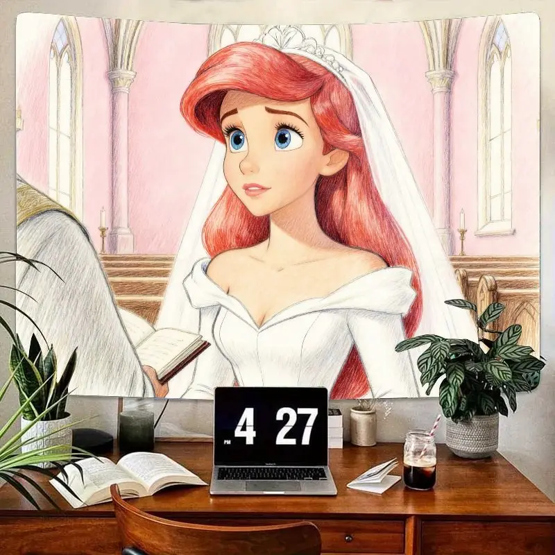 

1PC Disney Princess Ariel Wedding Tapestry Fairytale Wall Art Living Room Bedroom Decor Gift for Girls Women Fans